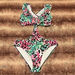LA LA Leopard Tropical Palm Print Cutout Ruffle One Piece Bathing Suit
